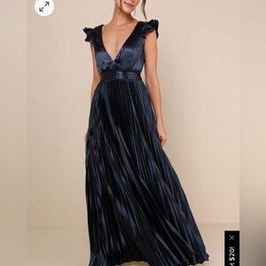 Lulus Exceptional Drama Navy Blue Satin Lace Up Pleated Gown
